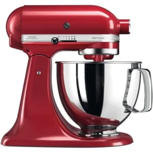 Red KitchenAid Artisan mixer with stainless bowl